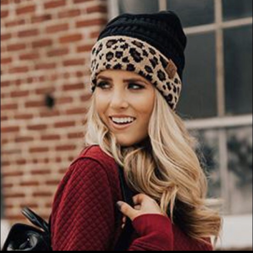 Warm and cozy C.C. black with leopard print winter beanie hat. - Picture 6 of 8